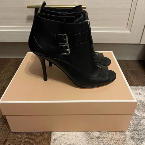 Michael Kors Black Leather Open-Toe Zip Ankle Booties - Picture 2 of 8